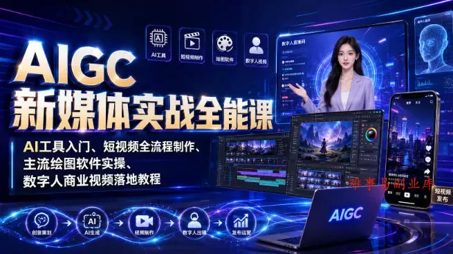 AIGC新媒体实战全能课｜AI工具入门、短视频全流程制作、主流绘图软件实操、数字人商业视频落地教程-难事易副业库