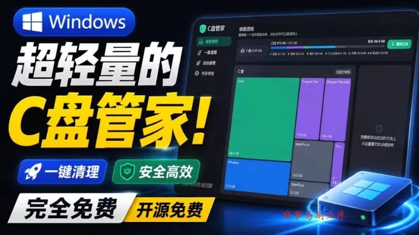 Windows超轻量的C盘管家！超级有特点，支持磁盘分析及清理提醒，2M大小体积，完全免费C盘管家-难事易副业库