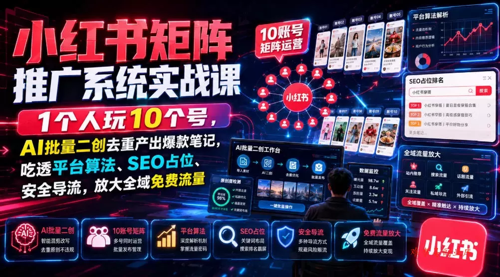 小红书矩阵推广系统实战课｜1个人玩10个号，AI批量二创去重产出爆款笔记，吃透平台算法、SEO占位、安全导流，放大全域免费流量-难事易副业库