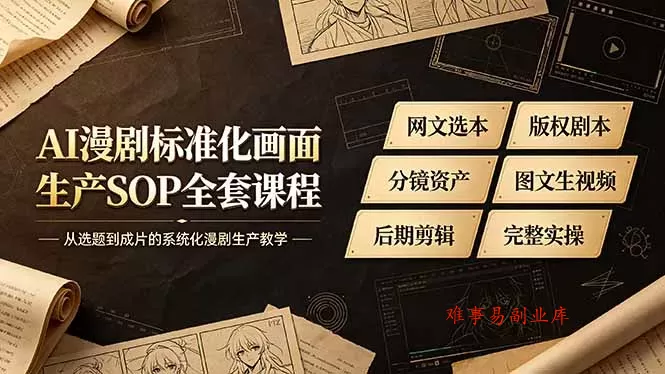 AI漫剧标准化画面生产SOP全套课程-更新，网文选本版权剧本分镜资产全覆盖，图文生视频后期剪辑完整实操教学-难事易副业库