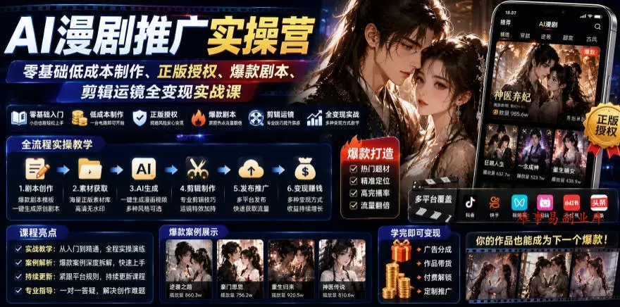 AI漫剧推广实操营｜零基础低成本制作、正版授权、爆款剧本、剪辑运镜全变现实战课-难事易副业库