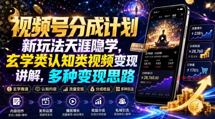 视频号分成计划新玩法天涯隐学，玄学类认知类视频变现讲解，多种变现思路-难事易副业库