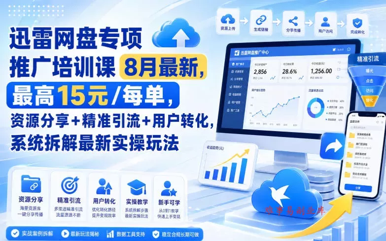 迅雷网盘专项推广培训课8月最新,最高15米/每单,资源分享+精准引流+用户转化,系统拆解最新实操玩法(更新0824) 迅雷网盘专项推广培训课8月最新,最高15米/每单,资源分享+精准引流+用户转化,系统拆解最新实操玩法(更新0824)