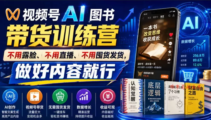 视频号AI图书带货训练营，不用露脸、不用直播、不用囤货发货，做好内容就行，一条爆款视频佣金8942-难事易副业库