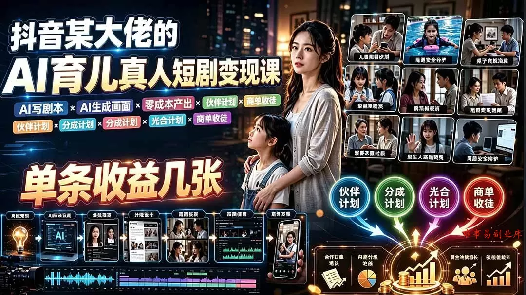 （19437期）AI育儿真人短剧变现课：AI写剧本×AI生成画面×零成本产出×伙伴计划×分成计划×光合计划×商单收徒