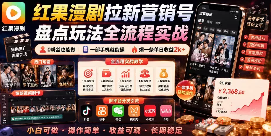 红果漫剧拉新营销号盘点玩法全流程实战，0粉丝也能做，一部手机就能做，爆一条单日收益2k+（更新0628）-难事易副业库