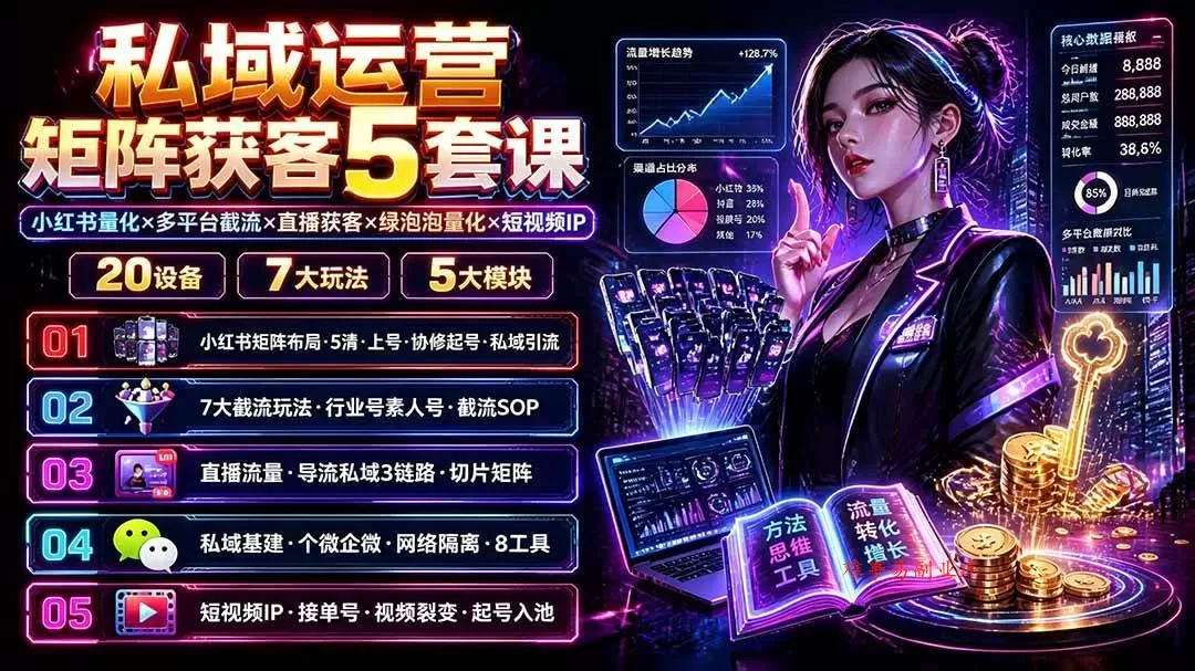 （19617期）私域运营矩阵获客5套课：小红书量化×多平台截流×直播获客×绿泡泡量化×短视频IP×20设备×7大玩法
