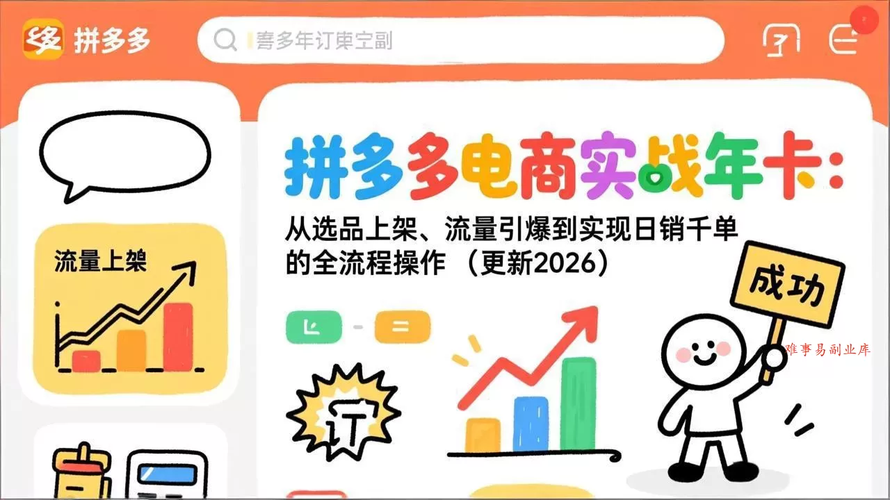 拼多多电商实战年卡：从选品上架、流量引爆到实现日销千单的全流程操作(更新2026年8月-难事易副业库