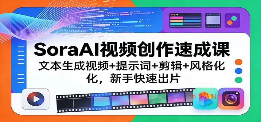 SoraAI视频创作速成课：文本生成视频+提示词+剪辑+风格化，新手快速出片-难事易副业库