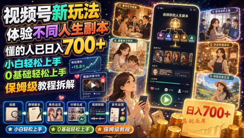 视频号新玩法体验不同人生副本，懂的人已日入700+，小白轻松上手，0基础轻松上手，保姆级教程拆解-难事易副业库