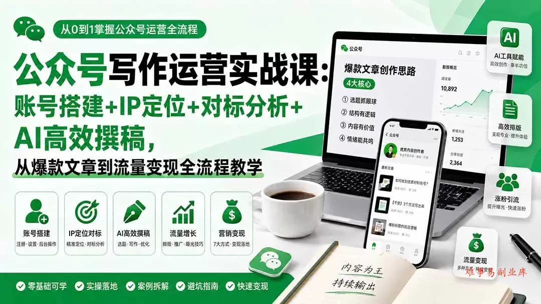 (19914期)公众号写作运营实战课:账号搭建+IP定位+对标分析+AI高效撰稿,从爆款文章到流量变现全流程教学 (19914期)公众号写作运营实战课:账号搭建+IP定位+对标分析+AI高效撰稿,从爆款文章到流量变现全流程教学