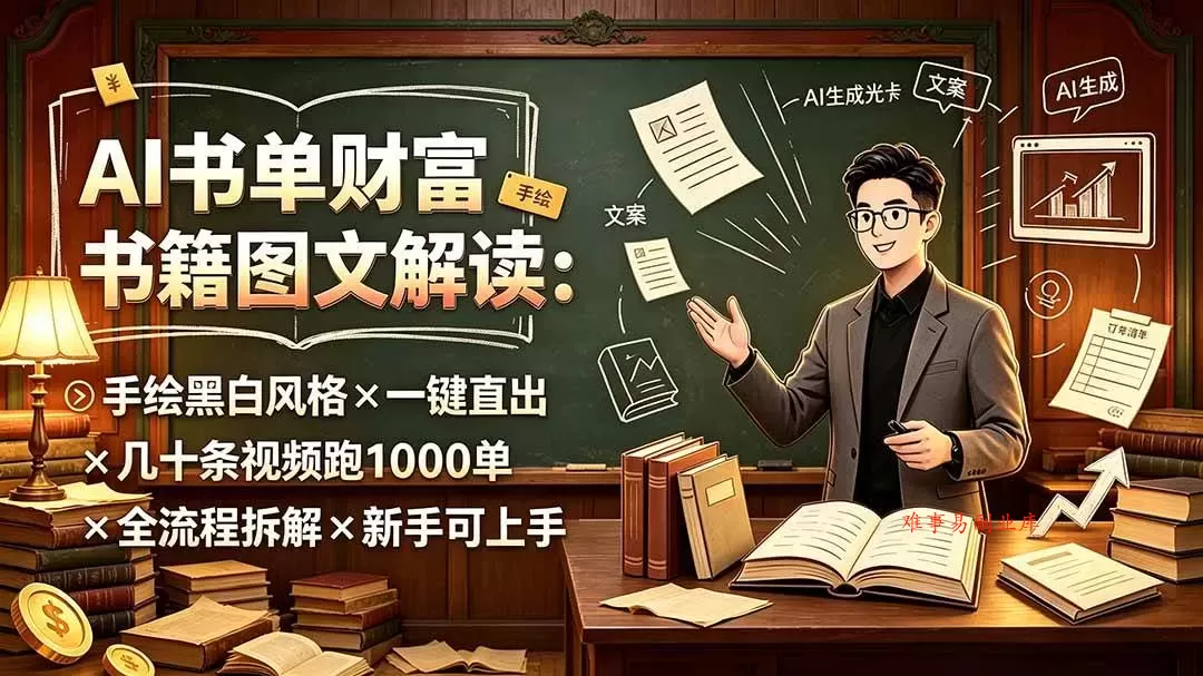（19515期）AI书单财富书籍图文解读：手绘黑白风格×一键直出×几十条视频跑1000单×全流程拆解×新手可上手-难事易副业库