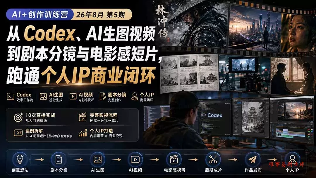 AI+创作训练营26年8月第5期：从Codex、AI生图视频到剧本分镜与电影感短片，跑通个人IP商业闭环