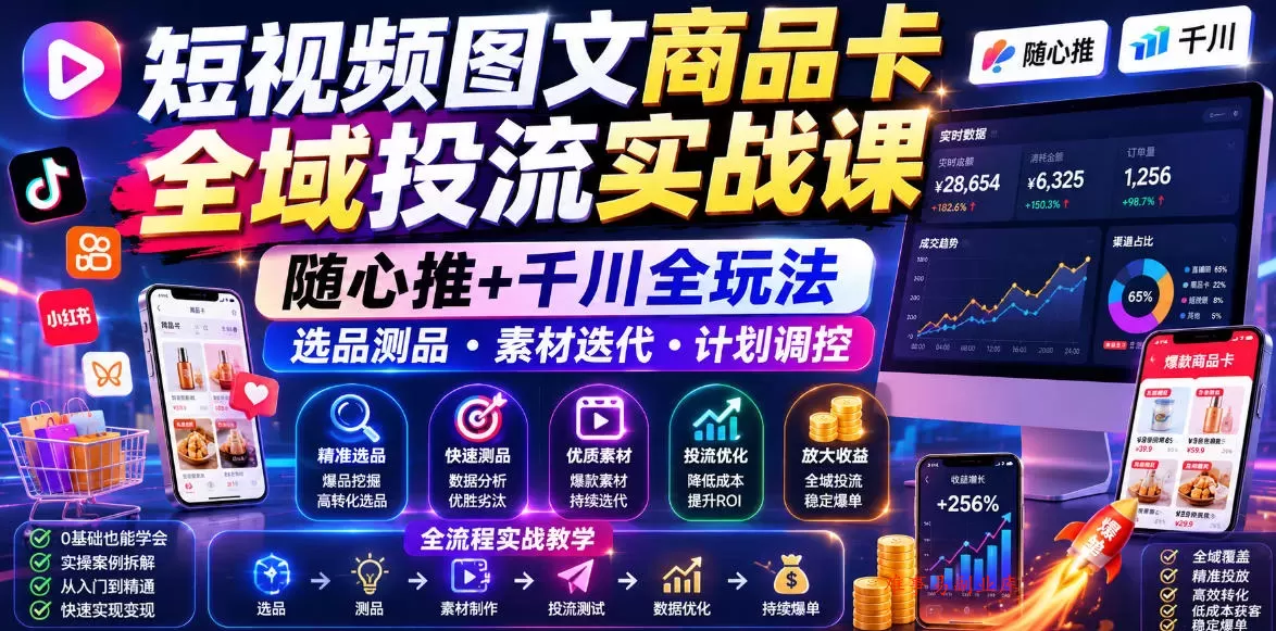 短视频图文商品卡全域投流实战课，随心推+千川全玩法，选品测品・素材迭代・计划调控，提升ROI爆单增收教程-难事易副业库