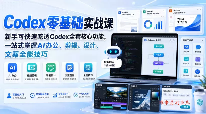 Codex零基础实战课，新手可快速吃透Codex全套核心功能，一站式掌握AI办公、剪辑、设计、文案全能技巧-难事易副业库