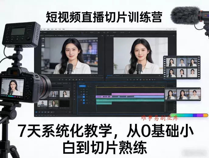 短视频直播切片训练营，7天系统化教学，从0基础小白到切片熟练-难事易副业库