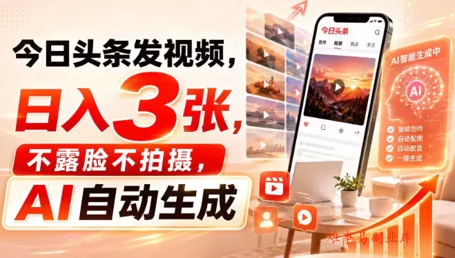 今日头条发视频，日入3张，不露脸不拍摄，AI自动生成-难事易副业库