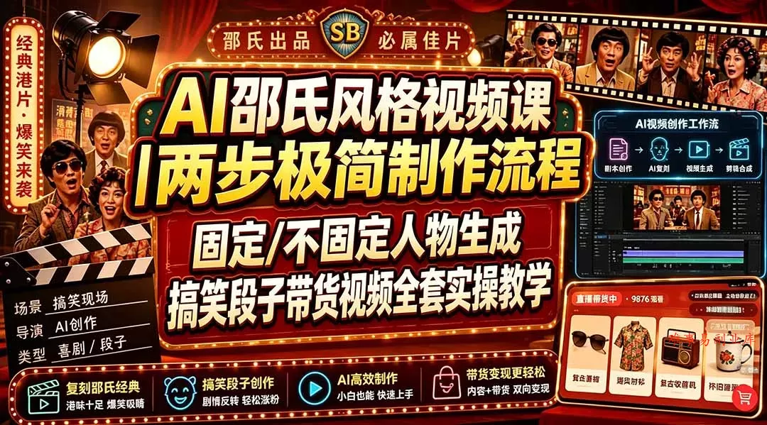 AI邵氏风格视频课｜两步极简制作流程，固定/不固定人物生成，搞笑段子带货视频全套实操教学