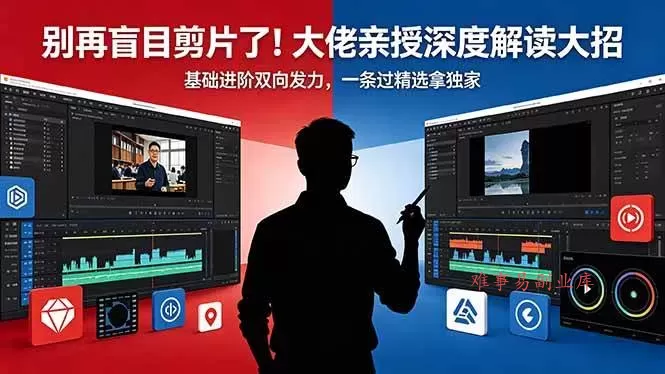 （18384期）别再盲目剪片了！大佬亲授深度解读大招，基础进阶双向发力，一条过精选拿独家-难事易副业库