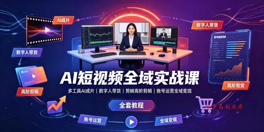 AI短视频全域实战课｜多工具AI成片、数字人带货、剪映高阶剪辑、账号运营全域变现全套教程-难事易副业库