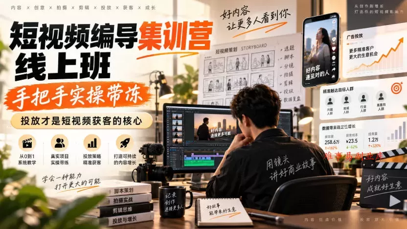 短视频编导集训营线上班，手把手实操带冻，投放才是短视频获客的核心-难事易副业库