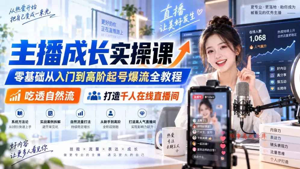主播成长实操课｜零基础从入门到高阶起号爆流全教程，吃透自然流，打造千人在线直播间-难事易副业库