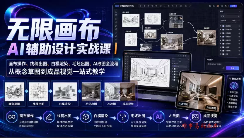 无限画布AI辅助设计实战课｜画布操作、线稿出图、白模渲染、毛坯出图、AI改图全流程，从概念草图到成品视觉一站式教学-难事易副业库