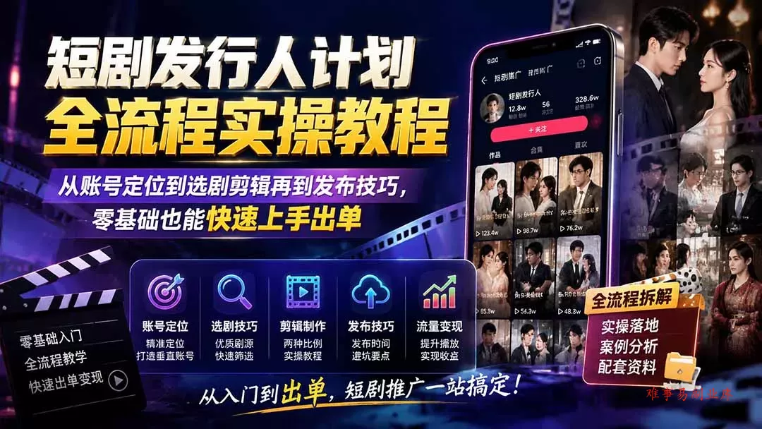 短剧发行人计划全流程实操教程;从账号定位到选剧剪辑再到发布技巧,零基础也能快速上手出单 短剧发行人计划全流程实操教程;从账号定位到选剧剪辑再到发布技巧,零基础也能快速上手出单