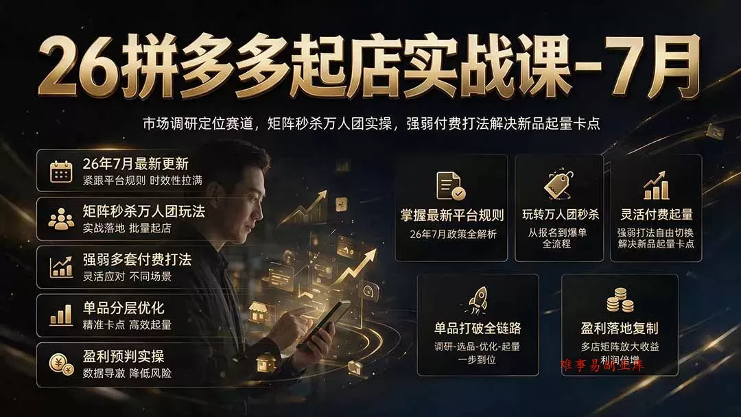 26拼多多起店实战课-7月｜市场调研定位赛道，矩阵秒杀万人团实操，强弱付费打法解决新品起量卡点