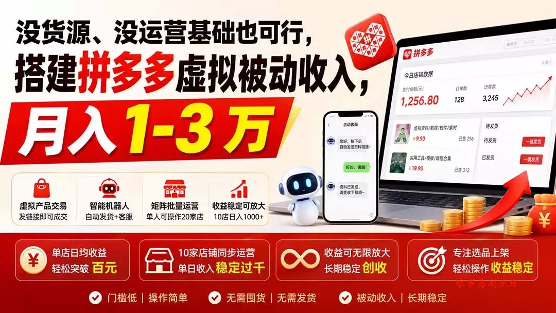 没货源、没运营基础也可行，搭建多多虚拟被动收入，月入 1-3 万-难事易副业库