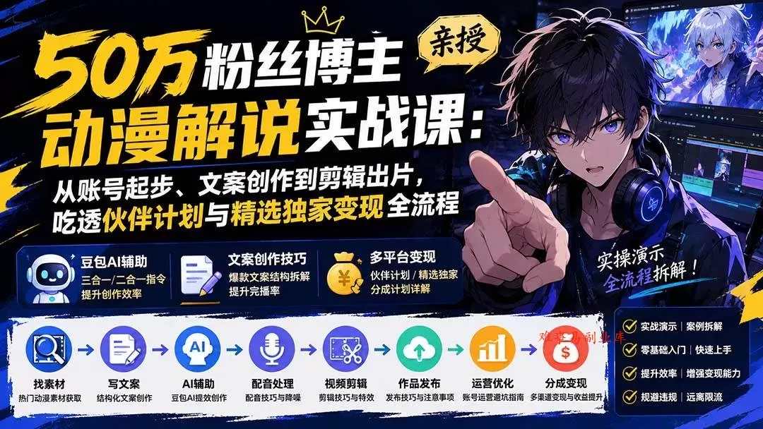 （20144期）50万粉丝博主亲授动漫解说实战课：从账号起步、文案创作到剪辑出片，吃透伙伴计划与精选独家变现全流程-难事易副业库