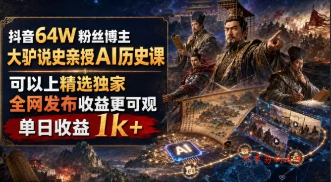 抖音64W粉丝博主大驴说史亲授AI历史课，可以上精选独家，全网发布收益更可观，单日收益1k+-难事易副业库