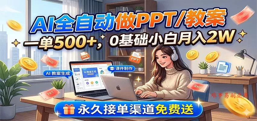 AI全自动做PPT/教案，一单500+，0基础小白月入2W，永久接单渠道免费送-难事易副业库