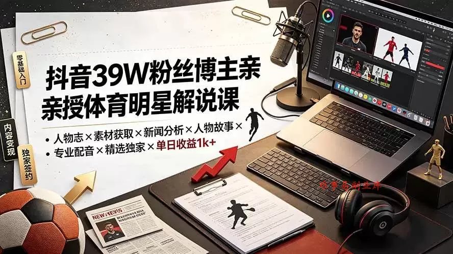 （19476期）抖音39W粉丝博主亲授体育明星解说课：人物志×素材获取×新闻分析×人物故事×专业配音×精选独家×单日收益1k+-难事易副业库