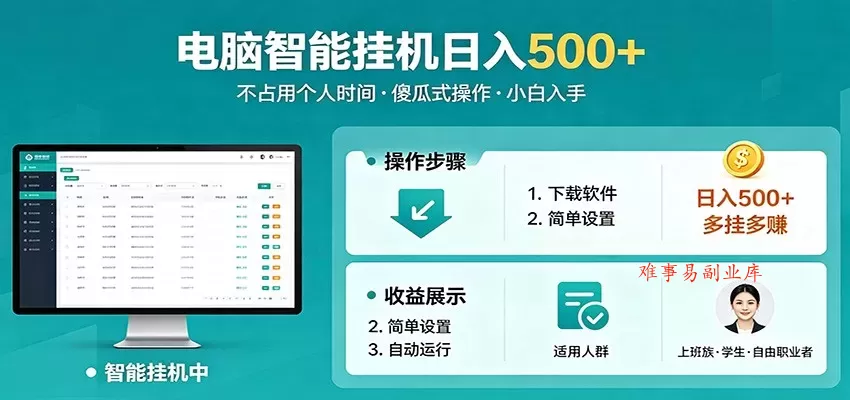 全自动电脑挂机，支持多挂多赚，上班族学生党都能做，小白也能日入500+副业-难事易副业库