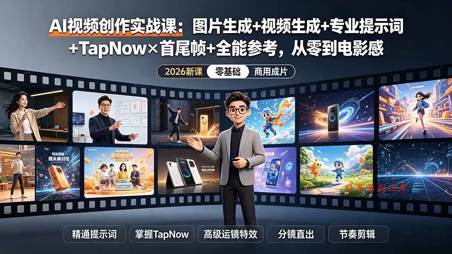 AI视频创作实战课：图片生成+视频生成+专业提示词+TapNow×首尾帧+全能参考，从零到电影感成片-难事易副业库