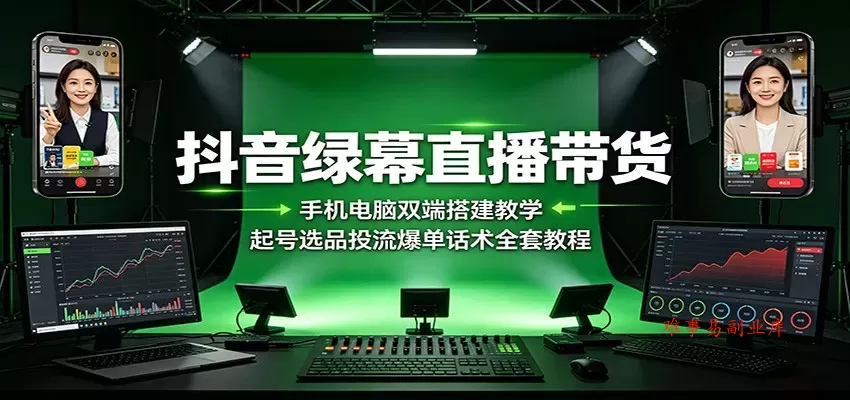 抖音绿幕直播带货：手机电脑双端搭建教学，起号选品投流爆单话术全套教程-难事易副业库