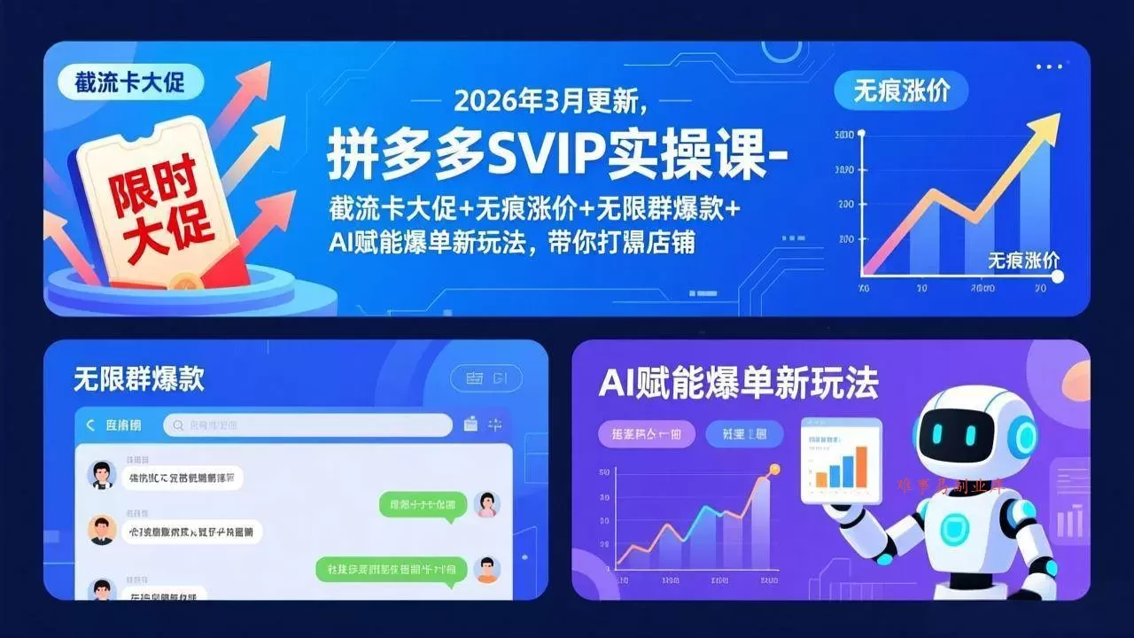 （17589期）拼多多SVIP实操课-26年3月，截流卡大促+无痕涨价+无限群爆款+AI赋能爆单新玩法，带你打爆店铺-难事易副业库