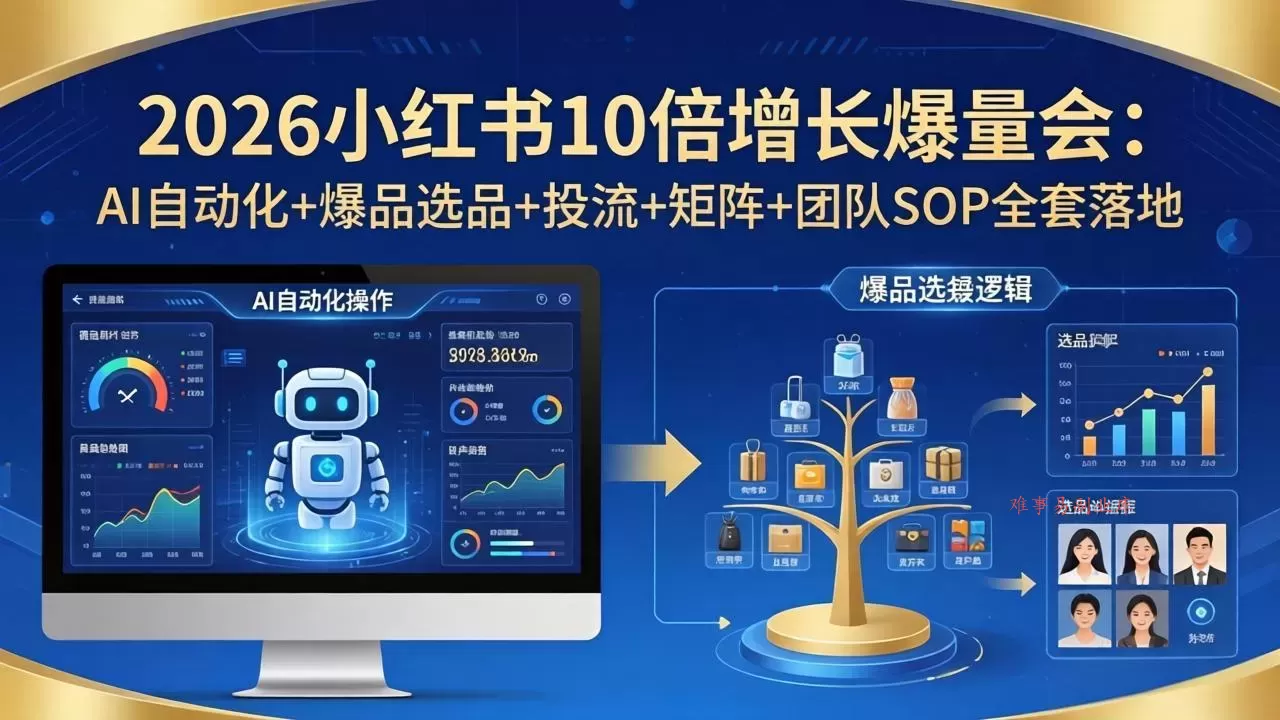 2026小红书10倍增长爆量会:AI自动化+爆品选品+投流+矩阵+团队SOP全套落地-难事易副业库