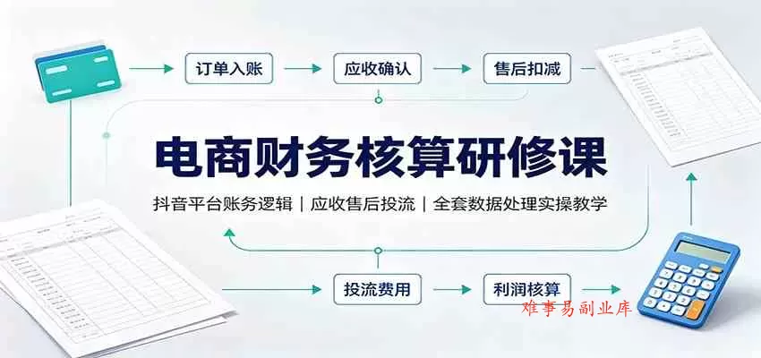 电商财务核算研修课：抖音平台账务逻辑，应收售后投流，全套数据处理实操教学-难事易副业库
