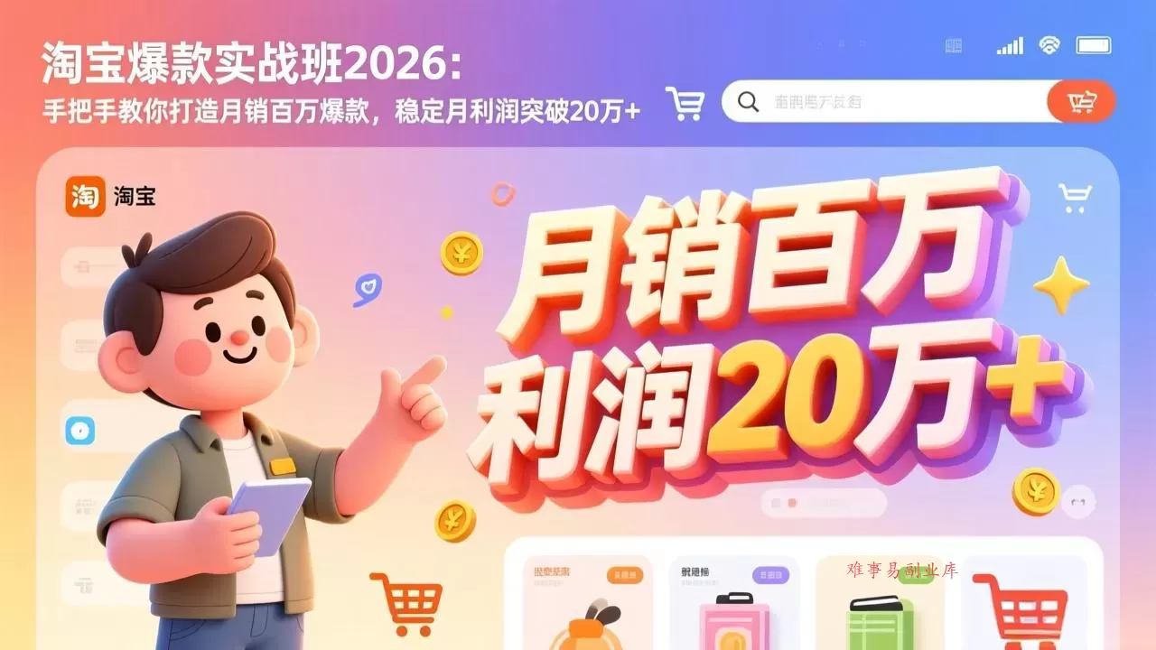 淘宝爆款实战班2026：手把手教你打造月销百万爆款，稳定月利润突破20万+-难事易副业库