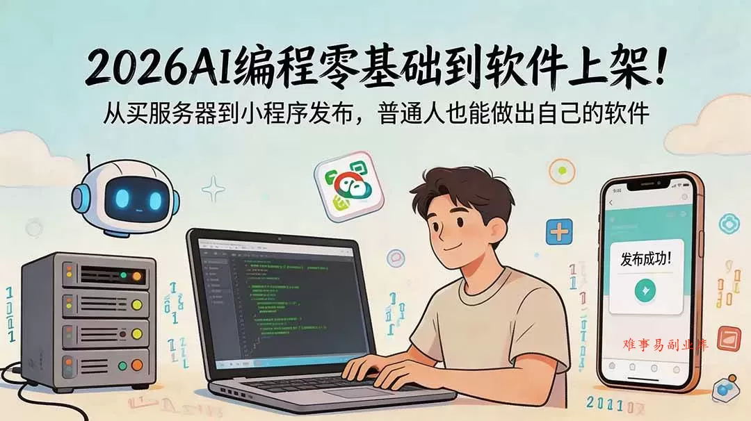 （18905期）2026AI编程零基础到软件上架！从买服务器到小程序发布，普通人也能做出自己的软件-难事易副业库