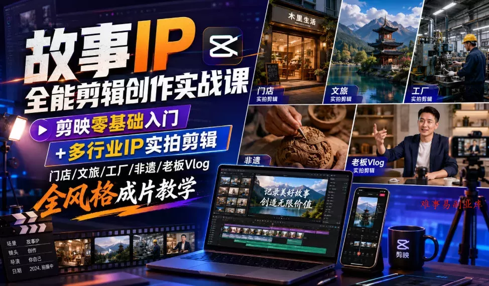 故事IP全能剪辑创作实战课｜剪映零基础入门+多行业IP实拍剪辑，门店/文旅/工厂/非遗/老板Vlog全风格成片教学-难事易副业库