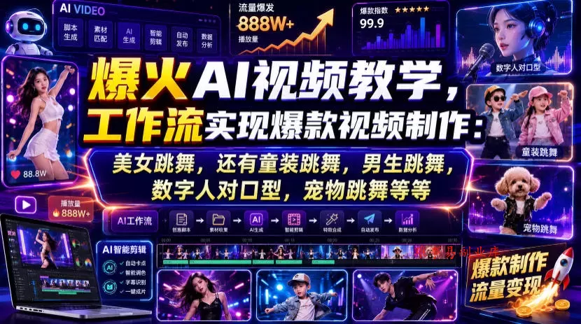 爆火AI视频教学，工作流实现爆款视频制作：美女跳舞，还有童装跳舞，男生跳舞，数字人对口型，宠物跳舞等等-难事易副业库