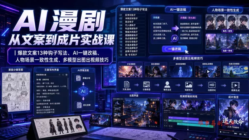 AI漫剧从文案到成片实战课｜爆款文案13种钩子写法、AI一键改稿、人物场景一致性生成、多模型出图出视频技巧-难事易副业库