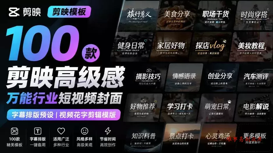 （20063期）【剪映模板】100款剪映高级感万能行业短视频封面字幕排版预设视频花字剪辑模版-难事易副业库