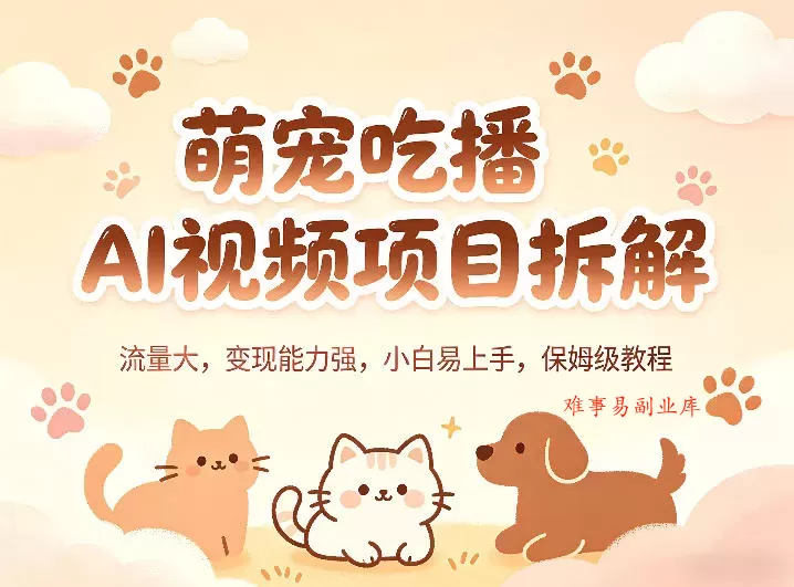 萌宠吃播AI视频项目拆解，流量大，变现能力强，小白易上手，保姆级教程-难事易副业库