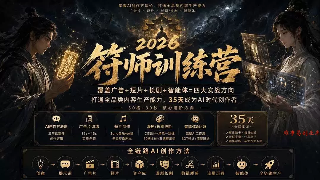 （20179期）符师训练营-35天成为AI时代创作者，广告+短片+漫剧+智能体四大实战方向，掌握从创意到上线的完整工作流