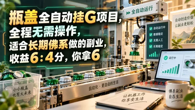 瓶盖全自动挂G项目，全程无需操作，适合长期佛系做的副业，收益6：4分，你拿6【揭秘】-难事易副业库