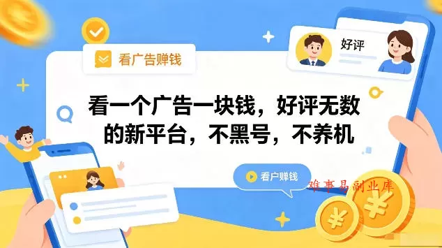 看一个广告一块钱，好评无数的新平台，不黑号，不养机，一部手机一天撸几十，可矩阵【揭秘】-难事易副业库